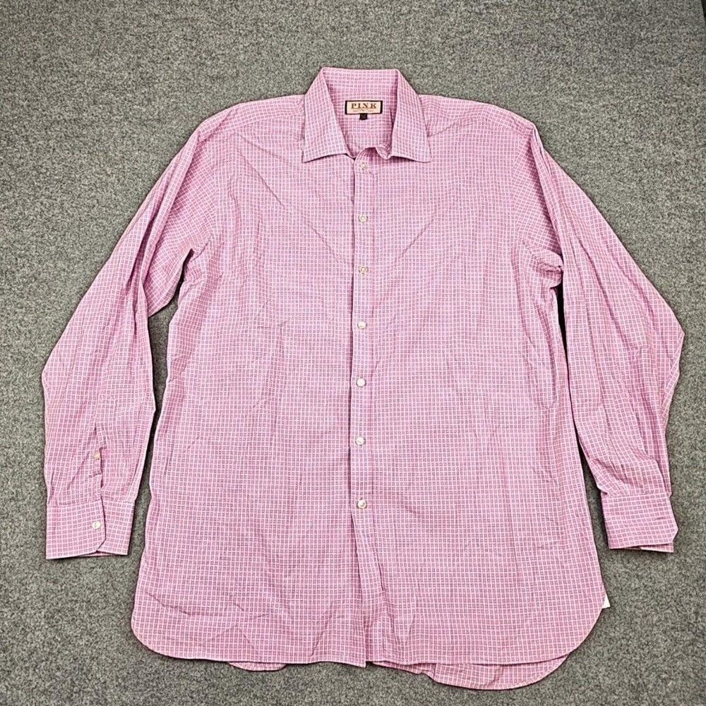 Thomas Pink Dress‎ Shirt Mens 18.5 36/37 Pink Check Long Sleeve Spread Collar